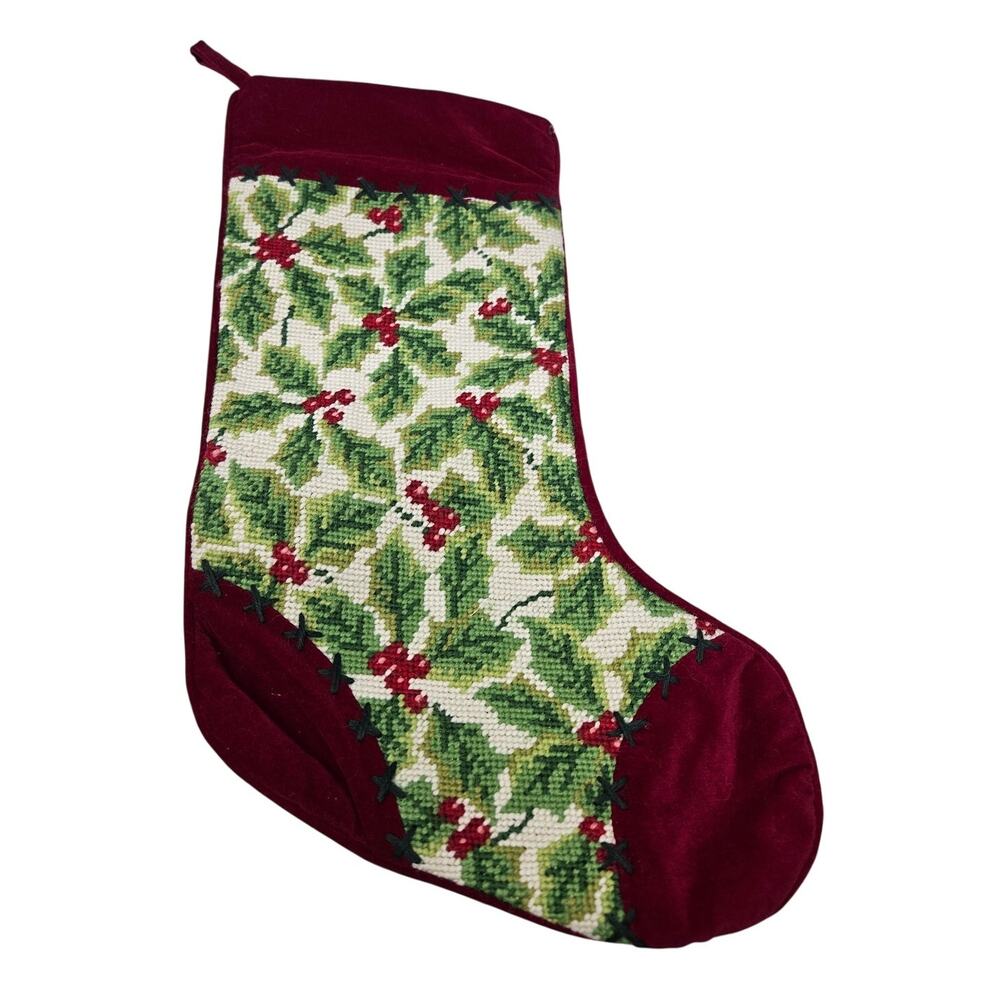 Vintage Needlepoint Holly Berry Christmas Stocking Red Velvet Traditional